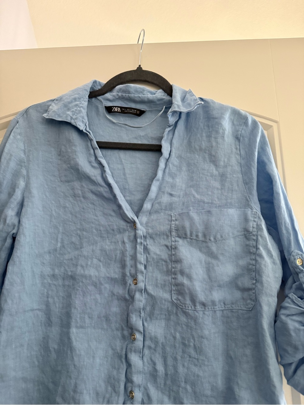 Zara Sky Blue Linen Roll-Sleeve Button Shirt - Picture 2 of 2